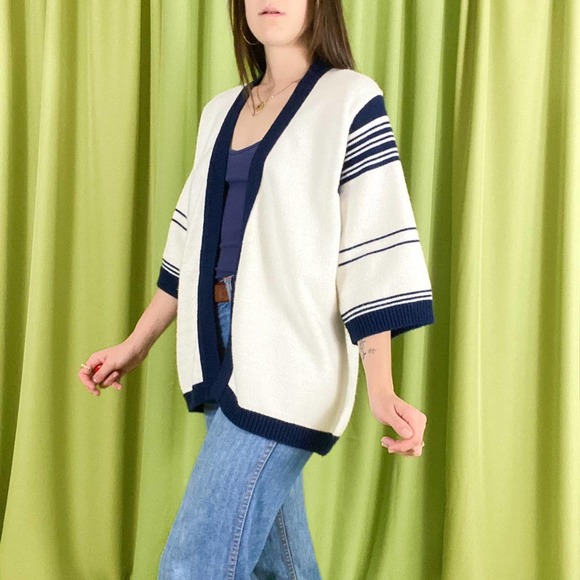70s Vintage White and Navy Striped Wide Sleeve Open Knit Cardigan - Picture 3 of 5